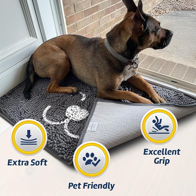 Muddy Mat® Pet Face Dog Door Embroidery Mat Super Absorbent Microfiber Indoor Outdoor mat for Muddy Paws, Non-Slip Washable Pet Rug, Quick Dry Chenille Entryway Carpet, Machine Washable – Grey 19”x30”