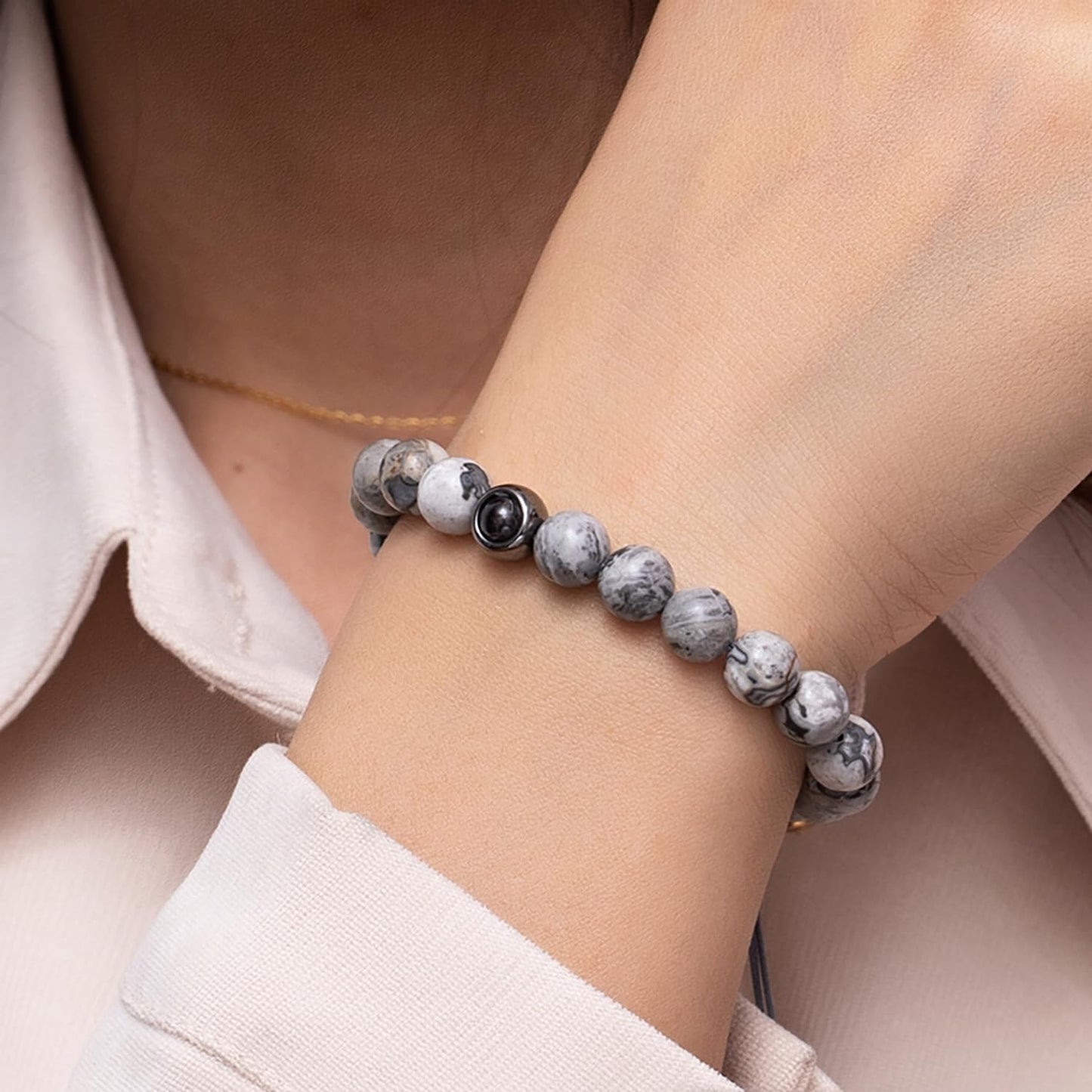 EMIRISTIC Custom Photo Bracelet - Personalized Picture Natural Stone Cuban Chain Bracelet - Any Special Day Gifts