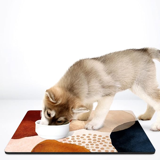 Rnivvi Dog Food Mat, 16" x 24" Absorbent Dog Cat Bowl Mat for Food and Water, Cute Anti-Slip Rubber Pet Feeding Rug Protect Floors, Puppy Placemat for Feeding & Watering Supplies, Abstract Stones