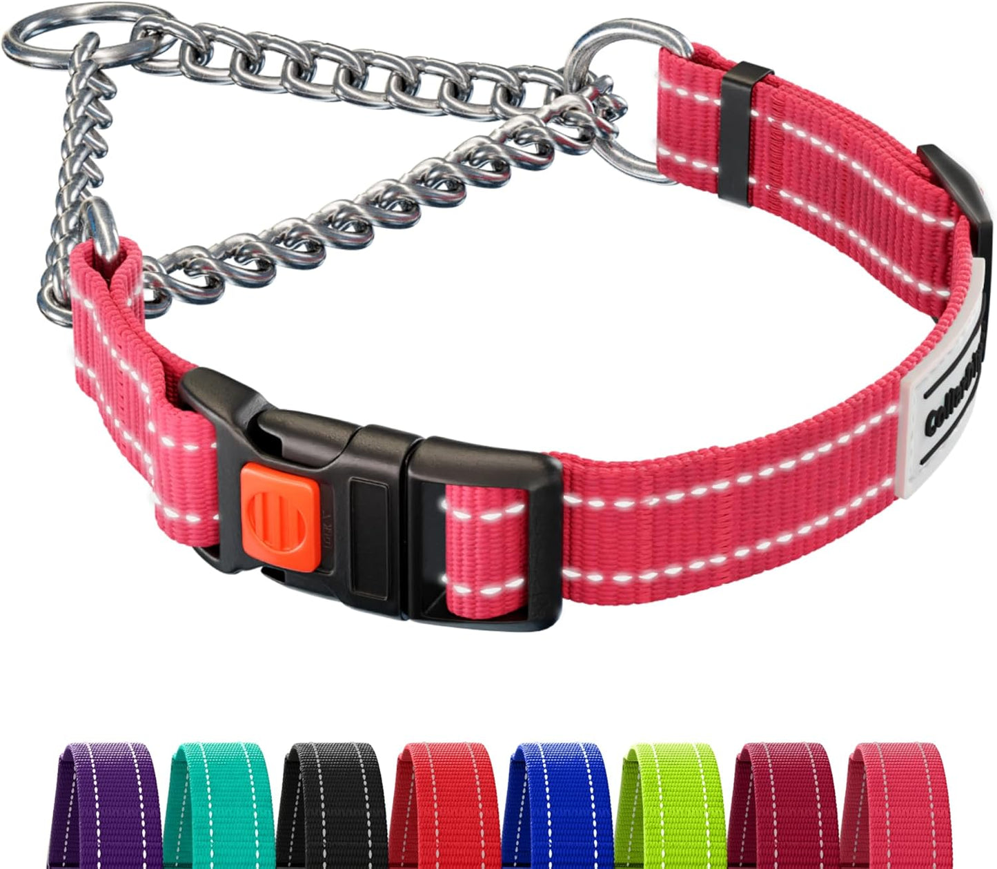 CollarDirect Martingale Dog Collar with Stainless Steel Chain and Quick Release Buckle - Reflective Collar for Large, Medium, Small Dogs - Pink, Large (Neck Size 17"-22")