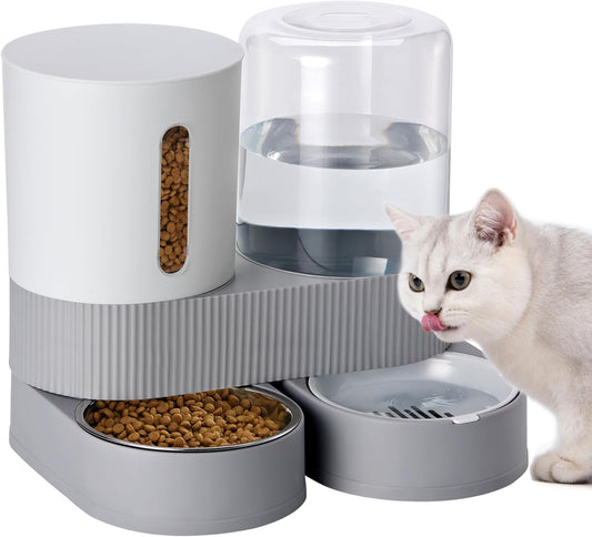 Automatic Dog Cat Water Dispenser Gravity Feeder and Water Dispenser Stainless Steel 2-in-1 Set Large Capacity Dispenser for Pets Dogs, Puppies, Kittens（Grey）