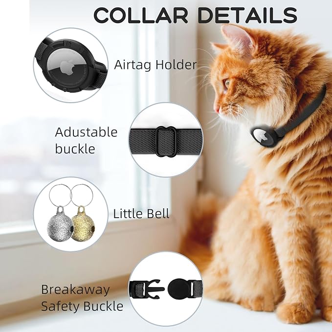 AirTag Cat Collars, Stretchy Collar with Apple AirTag Holder and Bell, Breakaway Ultra Design Elastic GPS Tracking Collars for Cats and Puppies, (7.5-12.5 Inch), Black