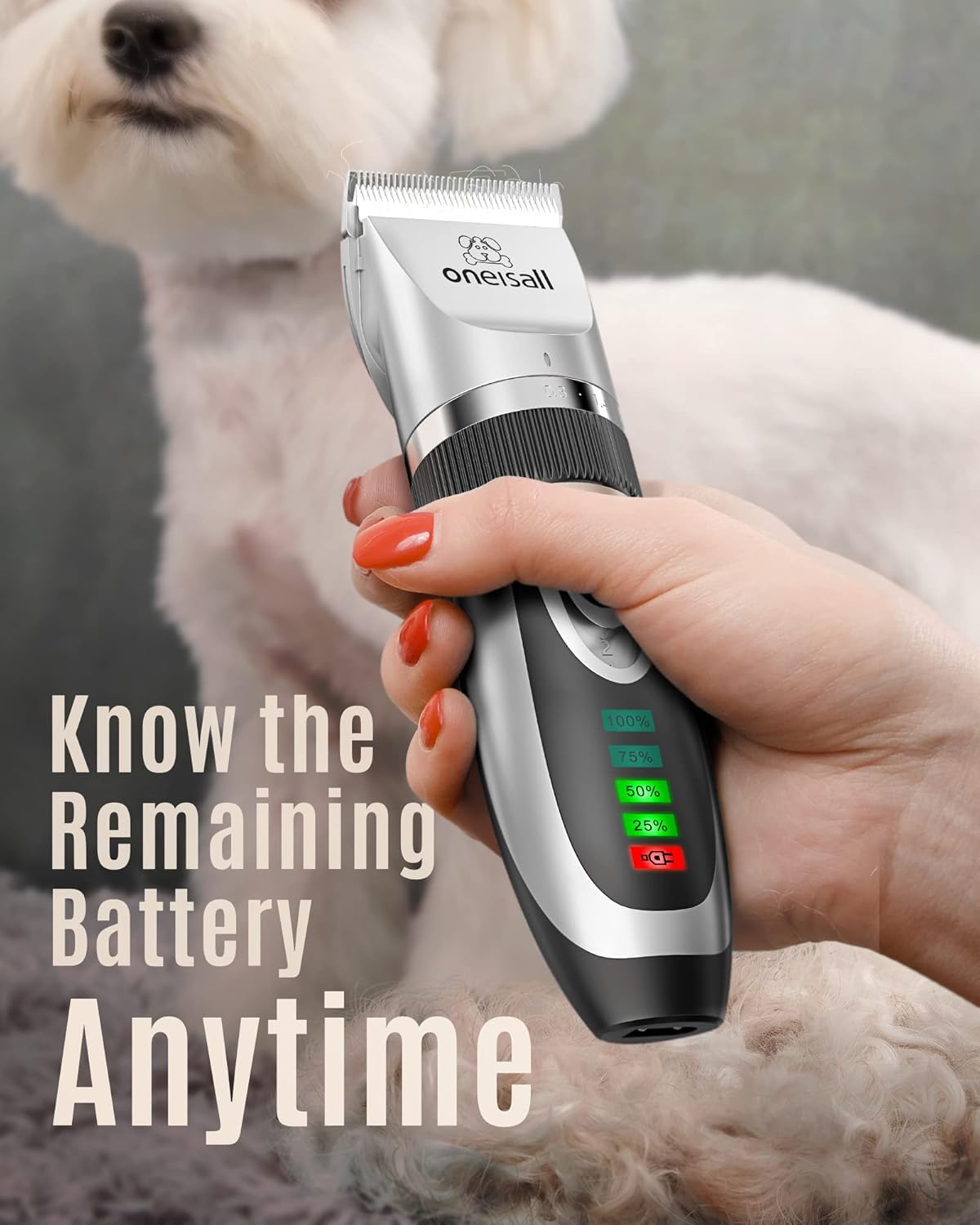 oneisall Low Noise 2-Speed Quiet Dog Grooming Kit - Rechargeable Cordless Pet Hair Clipper Trimmer Shaver for Small and Large Dogs, Cats and Animals (Silver)