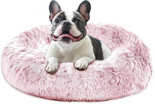JOLLYVOGUE Large Calming Dog Bed, Anti-Anxiety Donut Cuddler Cat Bed with Anti-Slip Bottom, Fluffy Faux Fur Machine Washable Pet Cushion for Medium Large Dog & Cat, 36"/Smoke Pink