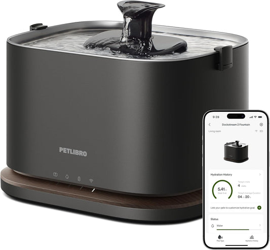 PETLIBRO Upgrade Cat Water Fountain, Cordless Cat Fountain Battery Operated, App Monitoring 3L/101oz Dockstream 2 Pet Water Fountain with Stainless Steel Tray, 5GHz WiFi Dog Water Bowl Dispenser