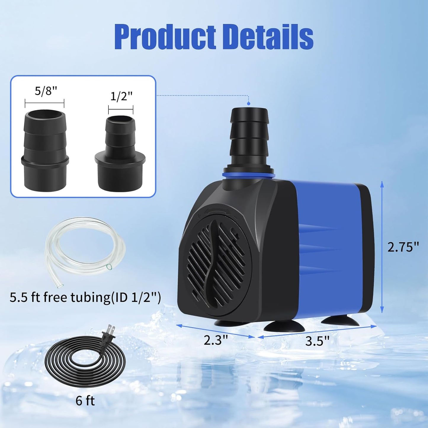 AQUANEAT Fountain Pump, 480 GPH Submersible Water Pump with 5 ft Tubing, for Aquarium Fish Tank, Pet Water Fountain, Hydroponics, Pond Waterfall