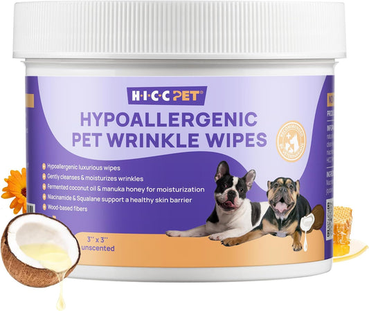 HICC PET Wrinkle Wipes, Vet-Recommended Dog Wipes Cleaning Deodorizing, Soothes Redness & Odor, Prevents Infections, Tear Stain Remover, Gentle for French Bulldogs, Pugs, English Bulldogs (100 Counts)