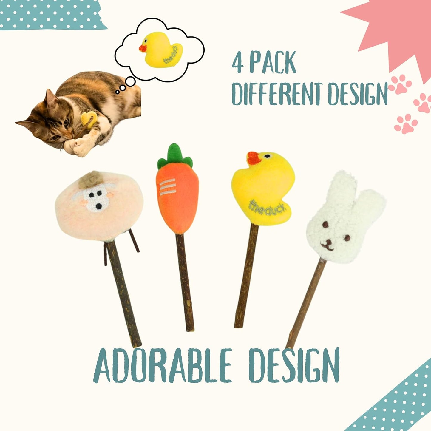 Nature Silvervine Sticks for Cats, 4 Pack Cat Toys for Indoor Cats, Kitten Chew Toy for Teeth Cleaning, Carrot Duck Sheep Bunny Plush