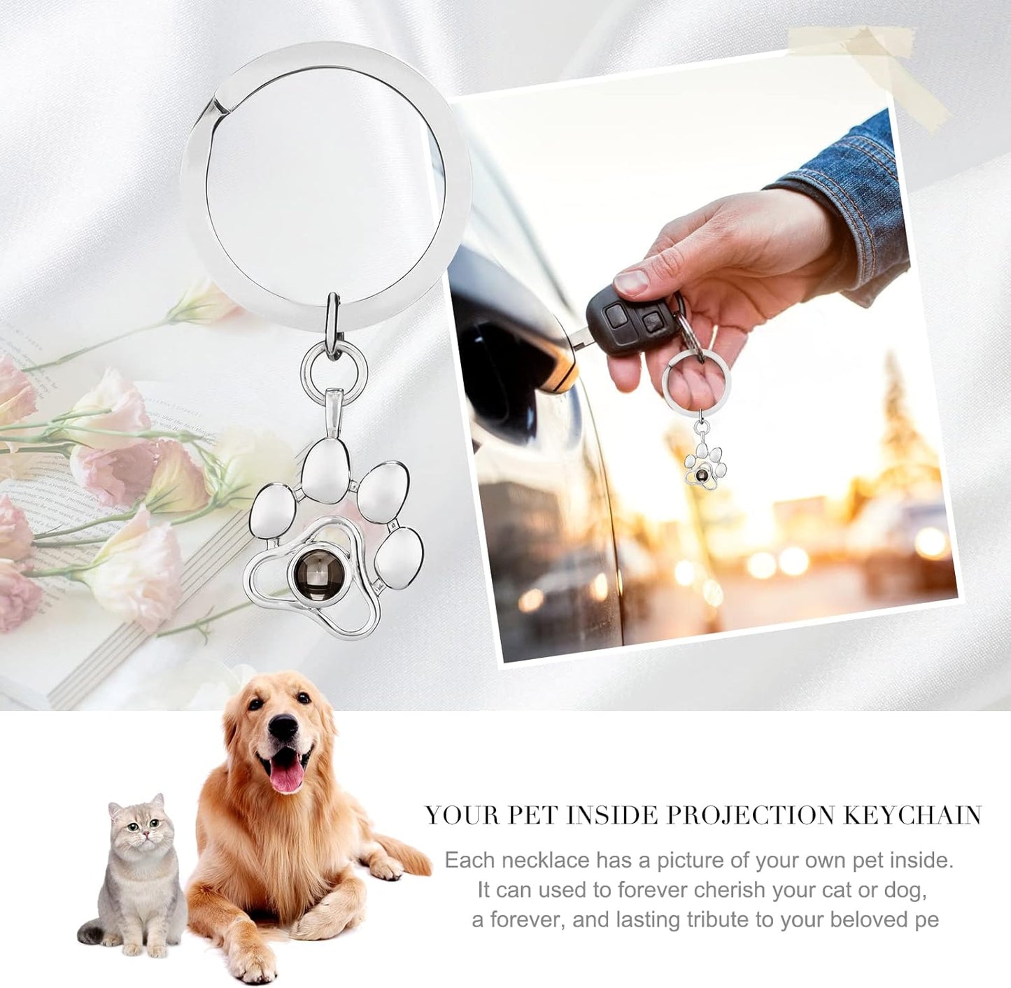 OPALSTOCK Personalized Pet Photo Necklace, Custom Photo Charm Projection Necklace Dog Cat Paw Pendant Pet Memorial Jewelry