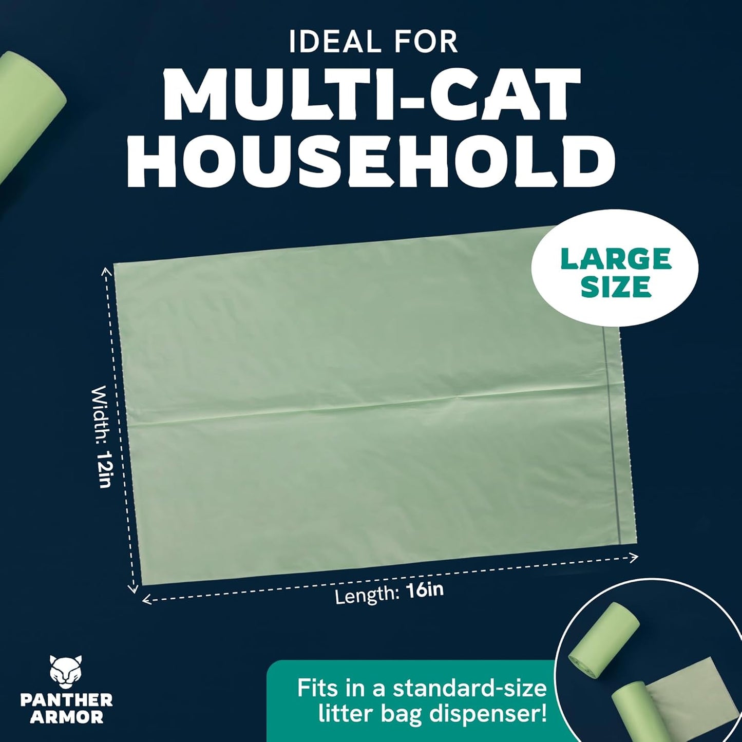 Panther Armor Litter Bags - 200x Unscented Compostable Cat Poop Bags 16x12in Super Large Cat- Kitty Leak Proof Box Trash, Odor Proof Cat Litter Disposal Bags