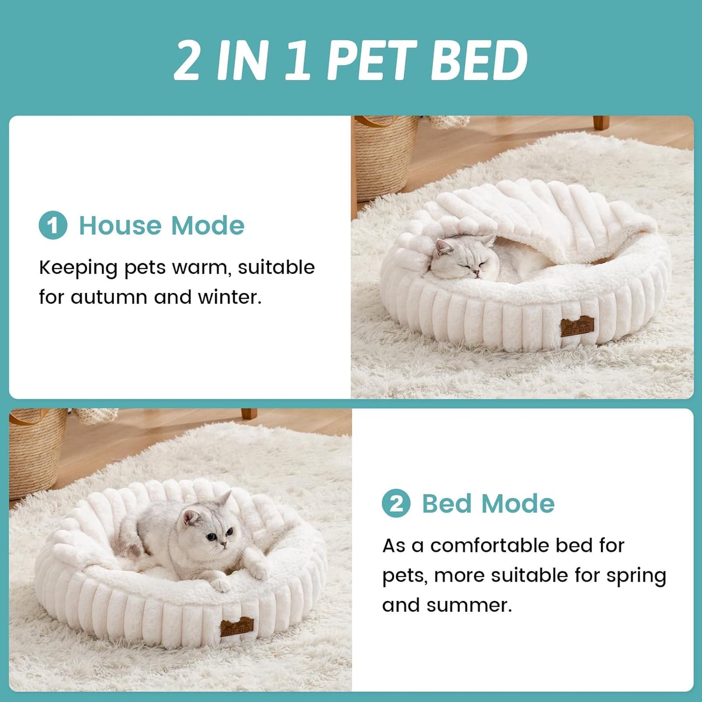 Cat Bed with Hooded Blanket, Round Fluffy Anti-Anxiety Pet Bed for Cats/Small Dogs, Cozy Donut Cuddler with Machine Washable Faux Fur & Anti-Slip Bottom(23"×23"×6",Cream)