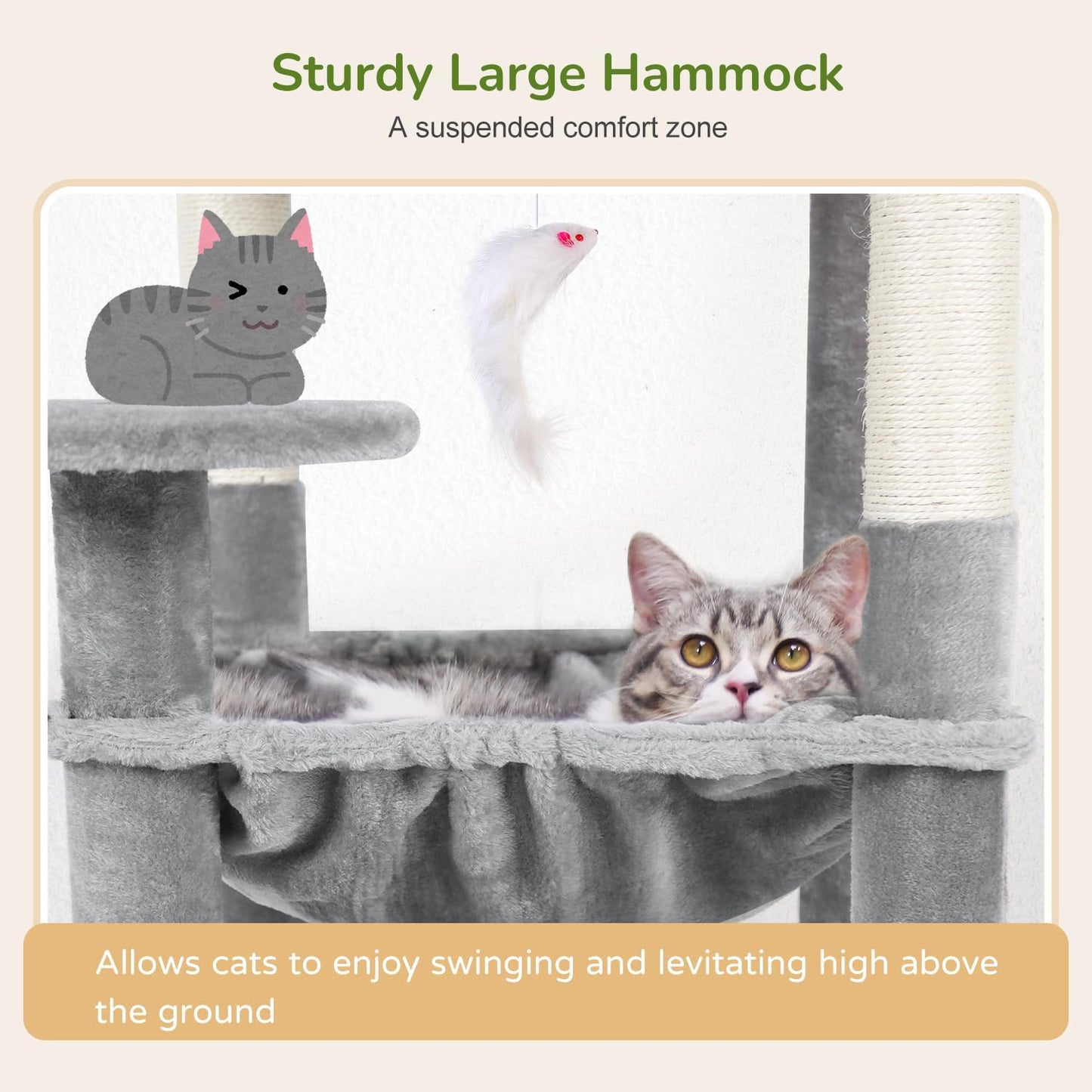 Globlazer Cat Tree Tower with Scratching Post for Indoor Cats, 53inch Tall Plush Multi-Level Cat Climbing Tower Condo House with Large Hammock, Spacious Cat Cave, Padded Top Perch Bed, F53, Light Gray