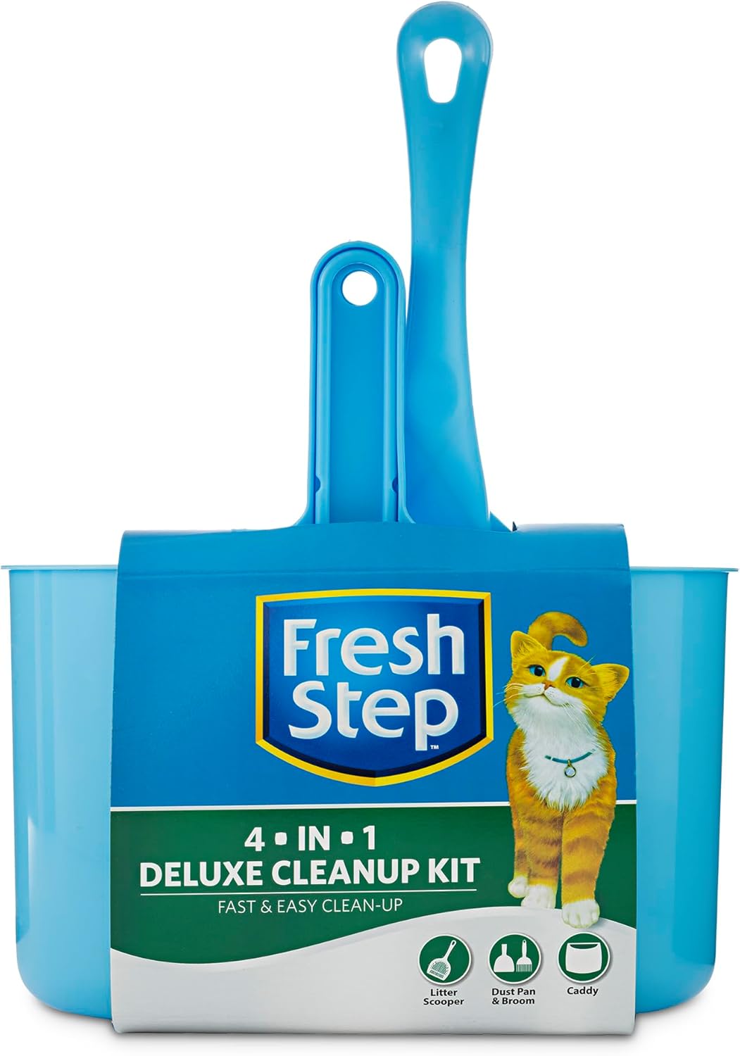 Fresh Step 4 in 1 Deluxe Cat Litter Cleanup Kit - Kitty Litter Cleaning Supplies Includes Cat Scoop, Dust Pan, Broom, and Caddy for Easy Clean Up