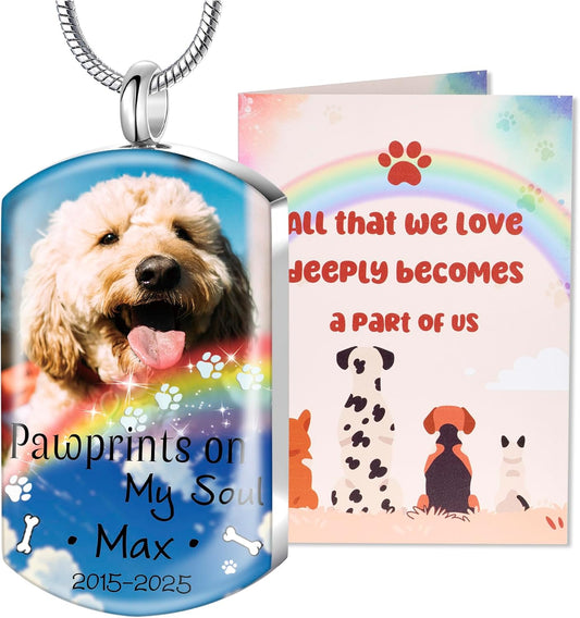 Fanery Sue Personalized Pet Ashes Necklace for Dog Cat Custom Photo&Text Pet Loss Sympathy Gift Cremation Jewelry