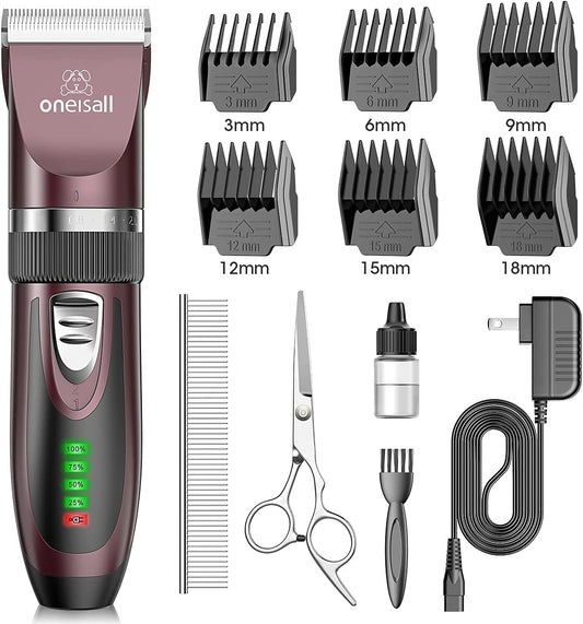 Oneisall Low Noise Dog Clippers, 2-Speed Quiet Grooming Kit Rechargeable Cordless Pet Hair Clipper Trimmer Shaver for Small and Large Dogs Cats Animals (Dark Plum)