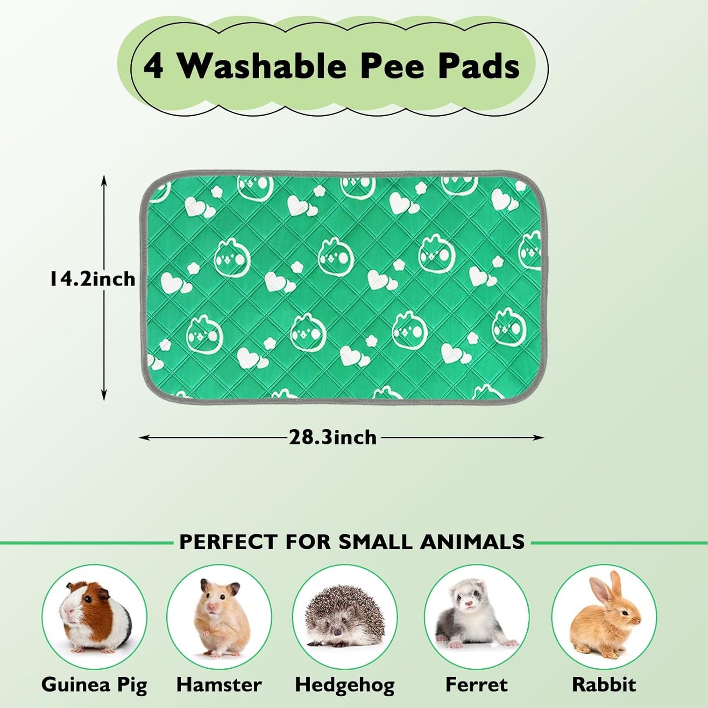 4 Pack Guinea Pig Bedding - Washable Guinea Pig Liners for C&C 2x1 Cage, Waterproof Reusable & Anti Slip Pee Pads Super Absorbent Mats for Small Animal Rabbit Hamster Rat (Green, 28 x 14 Inch)