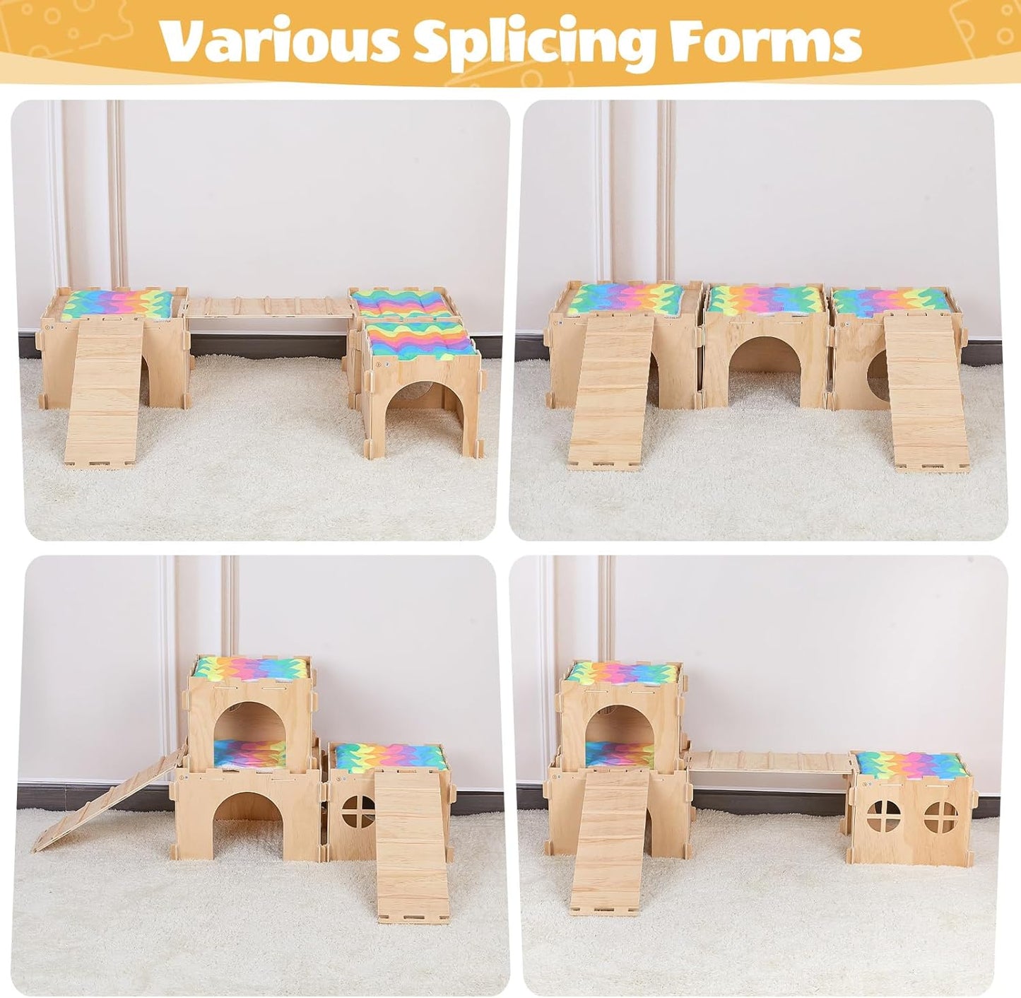 Guinea Pig Hideout, Guinea Pigs House with Stairs and Mats Extra Large Guinea Piggy Castle Detachable Hideouts for Small Animals Wooden Guinea Pig Habitats with Multiple Doors and Windows