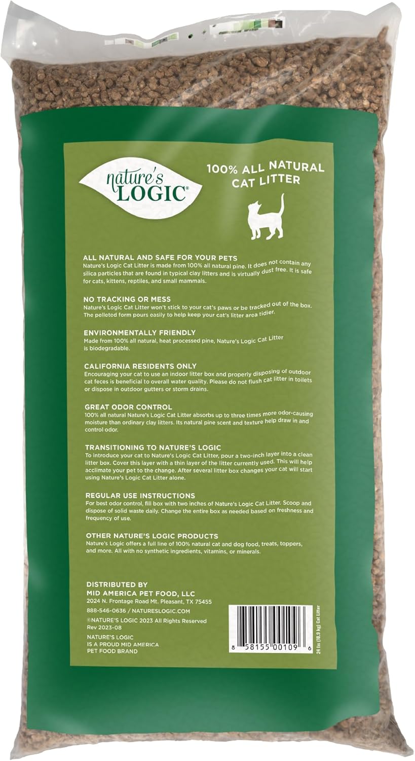 Nature's Logic 100% Natural Pine Pellet Cat Litter - 100% Ponderosa Pine, Dust-Free, Unscented, Biodegradable - Safe for Cats, Kittens, Reptiles & Small Pets - Highly Absorbent - 24 lb Bag