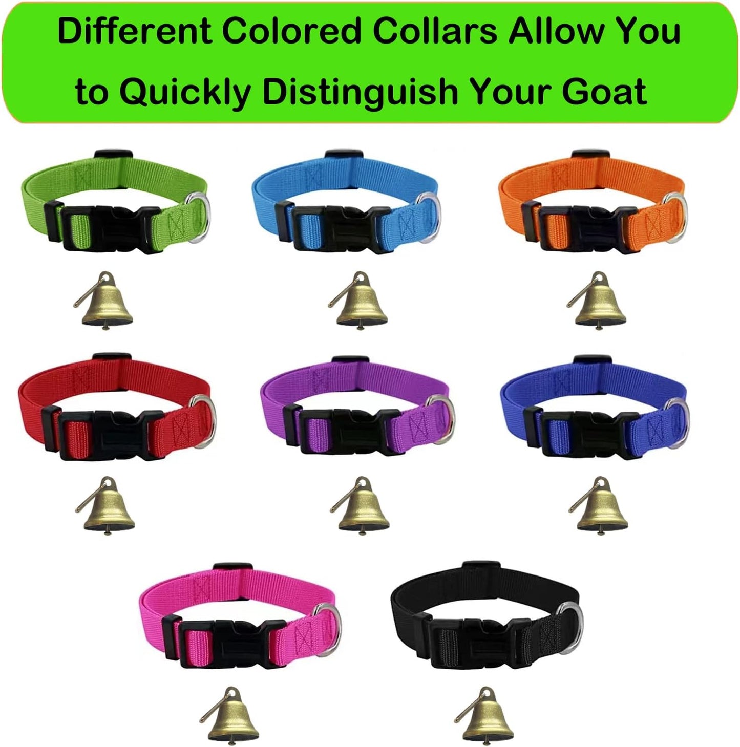 8 Pack Goat Collar with Bell, Sheep Collars with Bell, Grazing Copper Bells and Adjustable Nylon Collar Set for Small Farm Animal Sheep Cow Pet Goat Accessories