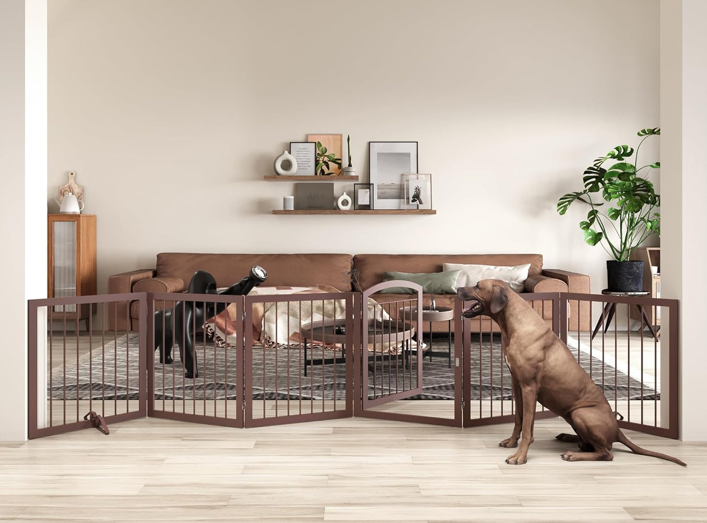 JSB 144-inch Extra Wide 30-inch Tall Dog gate with Door Walk Through, Freestanding Round Tube Pet Gate for Halls Stairs, Puppy Safety Dog Fence with 2PCS Support Feet (Espresso)