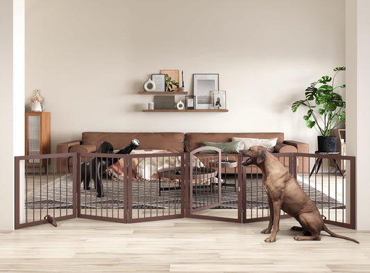 JSB 144-inch Extra Wide 30-inch Tall Dog gate with Door Walk Through, Freestanding Round Tube Pet Gate for Halls Stairs, Puppy Safety Dog Fence with 2PCS Support Feet (Espresso)