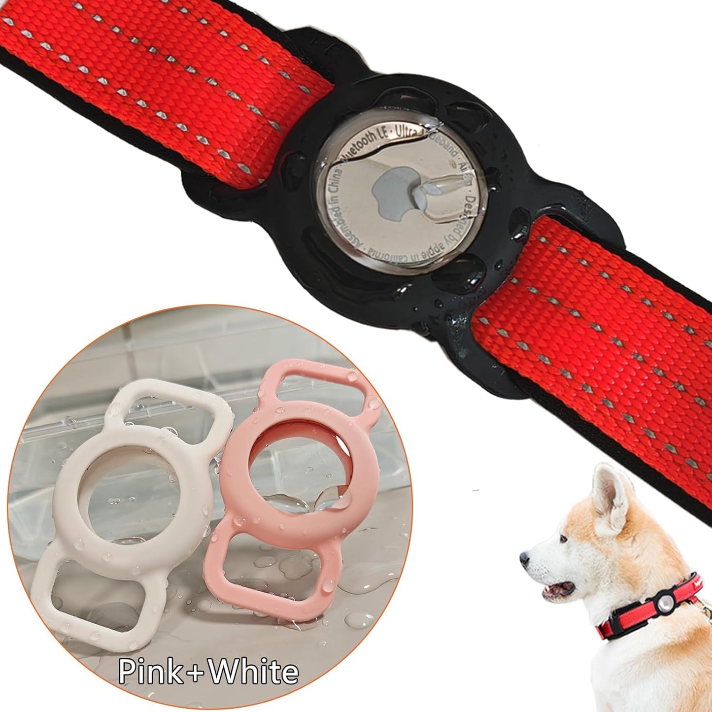 Apple AirTag Case for Dogs, Anti-Lost Silicone Holder - 2 Pack, Waterproof Cat Collar Cover - Pink+White
