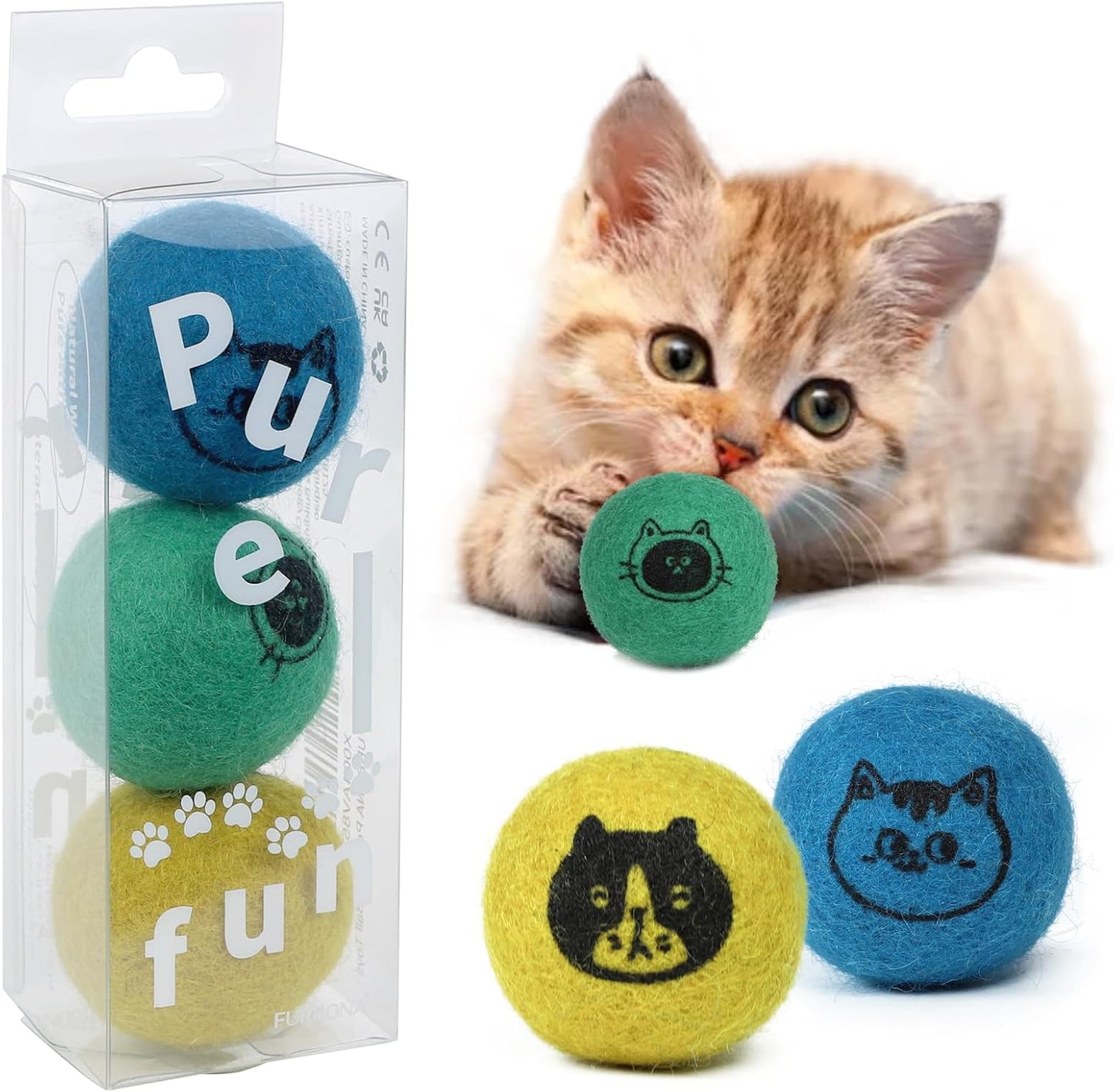 Cat Ball Toys – Soft, Quiet Wool Balls for Indoor Cats, Handmade, Pure Natural, Safe, Cat-Friendly Colors, 1.6 Inch Interactive Toy for Kittens, 3 Pack