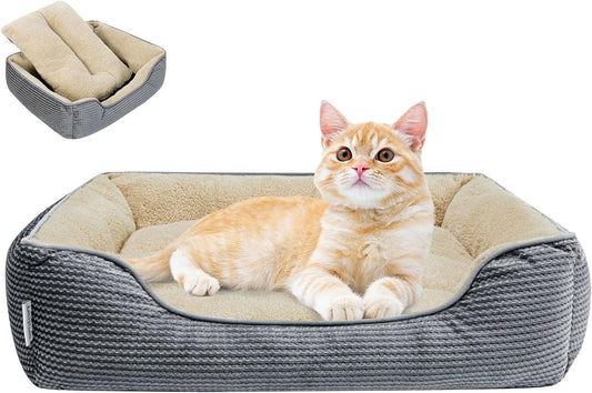Miguel Washable Cat Beds for Indoor Cats with Removable Cushion/Pillow, Easy to Wash Small Dog Bed with Side, Large Rectangle Kitten Bed Cuddle Puppy Bed with Anti-Slip Bottom, Gray 20 Inch