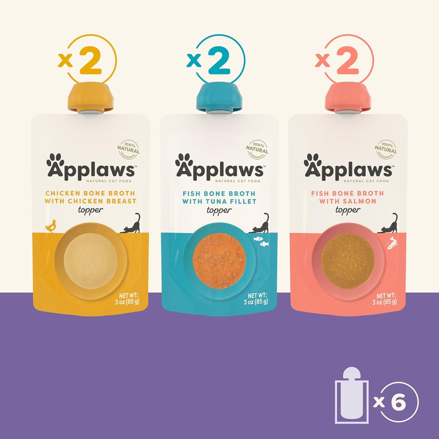 Applaws Natural Wet Cat Food in Mousse Topper, Limited and Natural Ingredients, High Protein with No Artificial Additives, Fish and Chicken Variety Bone Broth (12 x 3oz Resealable Spout Pouches)
