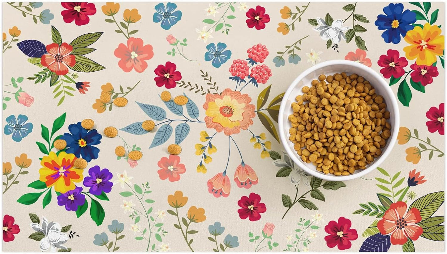 Pet Dog Cat Food Mat, Flower Leaf Pet Feeding Pad, 12 * 20 Inch Absorbent Dog Food Mat, Cat Dish Mat for Food and Water, Suitable for Dog Cat or Other Pets