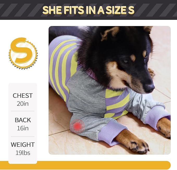 FUAMEY Dog Recovery Sleeve with Elbow Protector,Dogs Shirt Stop Licking Joints,Pet Long Sleeve Suit Protecting Dog's Front Leg Arm Wounds Cover Skin Conditions Purple Stripes S