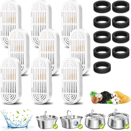 Cat Water Fountain Filters, 9 Pack Replacement Filters & Replacement Pre-Filter Sponges for Stainless Steel Pet Fountain with Water Level Window, Fountain Carbon Filters for Dog Water Dispenser Bowl