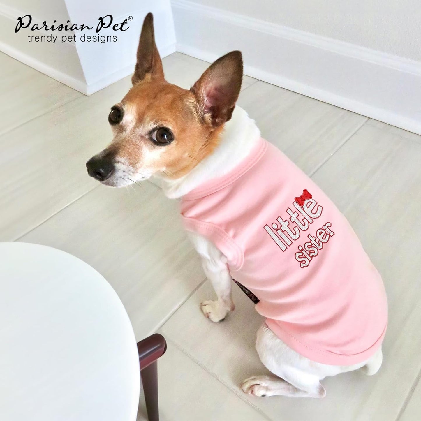 Parisian Pet Dog T-Shirt - Embroidered ' Little Sister ' Breathable Pink Dog Shirt - Sleeveless Pet Vest - Machine Washable Dog Shirts for Small Dogs - Dog Clothes - XXS