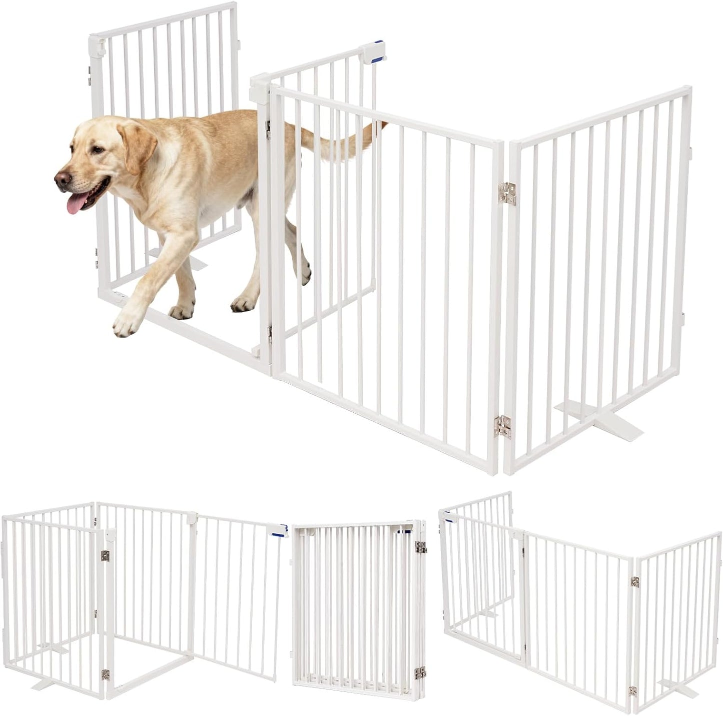 104" Dog Gate Extra Wide, Heavy Duty Metal Freestanding Dog Gate with Door for Indoor & Outdoor, Foldable Pet Fence for Doorways,House,Porch,Deck,Yard,Stairs, Auto Close(4 Panels,White)