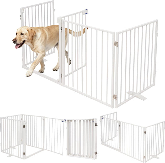 104" Dog Gate Extra Wide, Heavy Duty Metal Freestanding Dog Gate with Door for Indoor & Outdoor, Foldable Pet Fence for Doorways,House,Porch,Deck,Yard,Stairs, Auto Close(4 Panels,White)