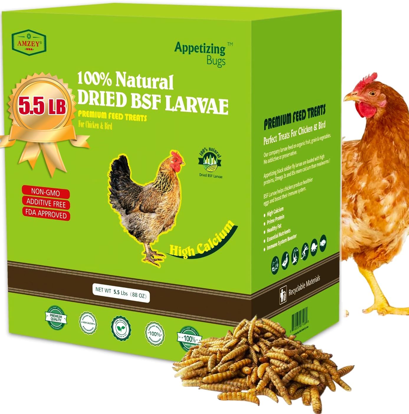 5.5 LBS Dried Black Soldier Fly Larva/Dried Mealworms - 100% Natural BSF Larvae - 85XMore Calcium Than Mealworms - High Calcium Treats for Chickens, Birds, Reptiles, Hedgehog, Geckos, Turtles- 5.5 LBS