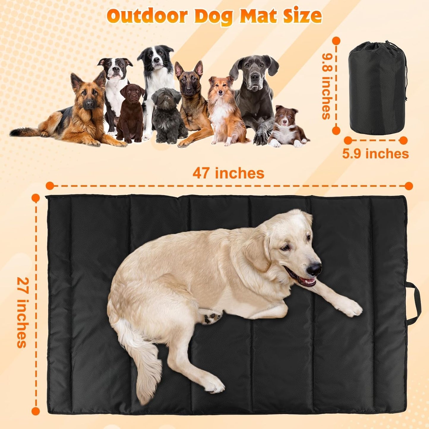 BWOGUE Large Outdoor Dog Bed, Portable Waterproof Camping Mat, Washable Travel Mat with Carry Bag for Medium and Large Dogs, 47"X27" (Black)