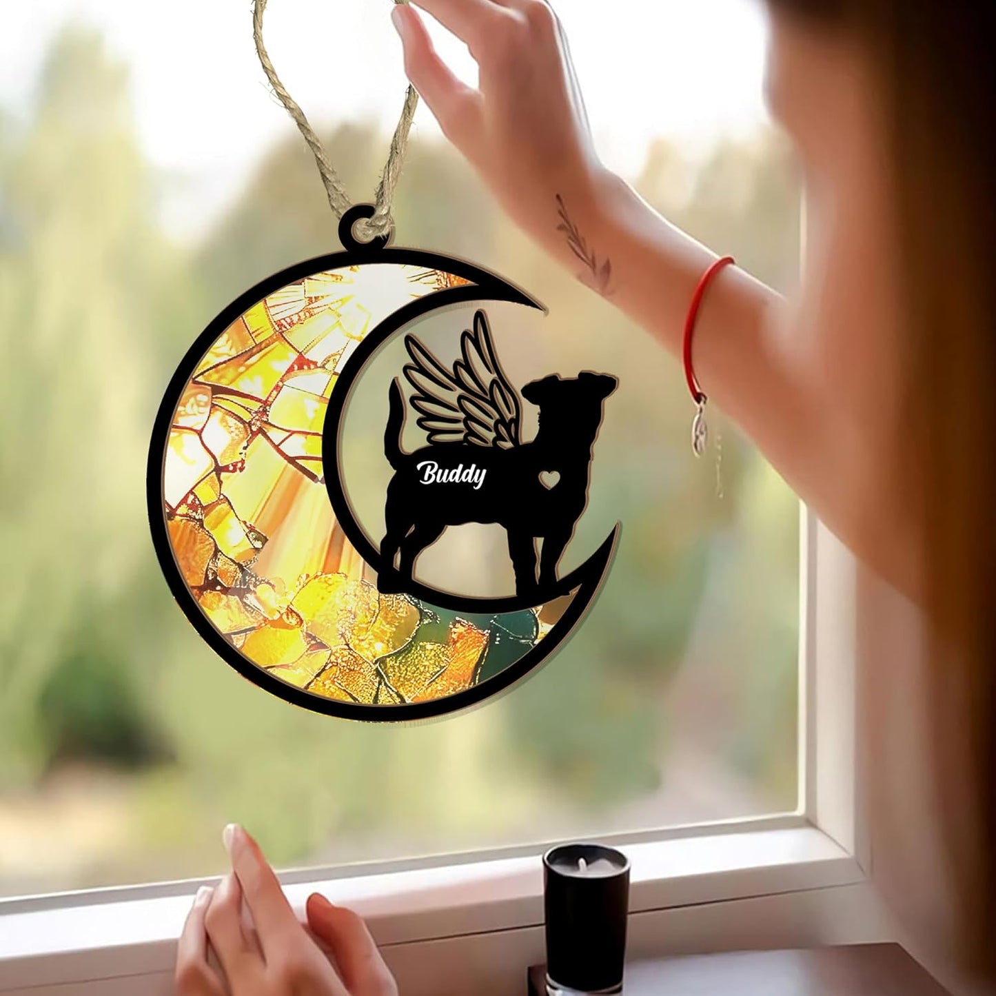 Personalized Pet Memorial Suncatcher – Angel Wing Crescent Moon Ornament with Name – Rainbow Stained Glass Effect Sun Catcher for Dog, Cat, Ferret & More – Custom Pet Loss Tribute for Window or Tree