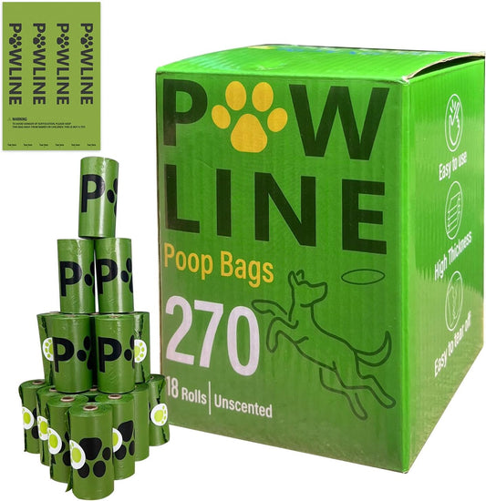 PAWLINE Dog Poop Bags Rolls - Leak-Resistant Doggy Waste Bag - Poop Bag for Dogs Compostable - Easy-Tear Rolls Unscented Green Dog Trash Bag for Poops - Extra Thick Pet Waste Roll