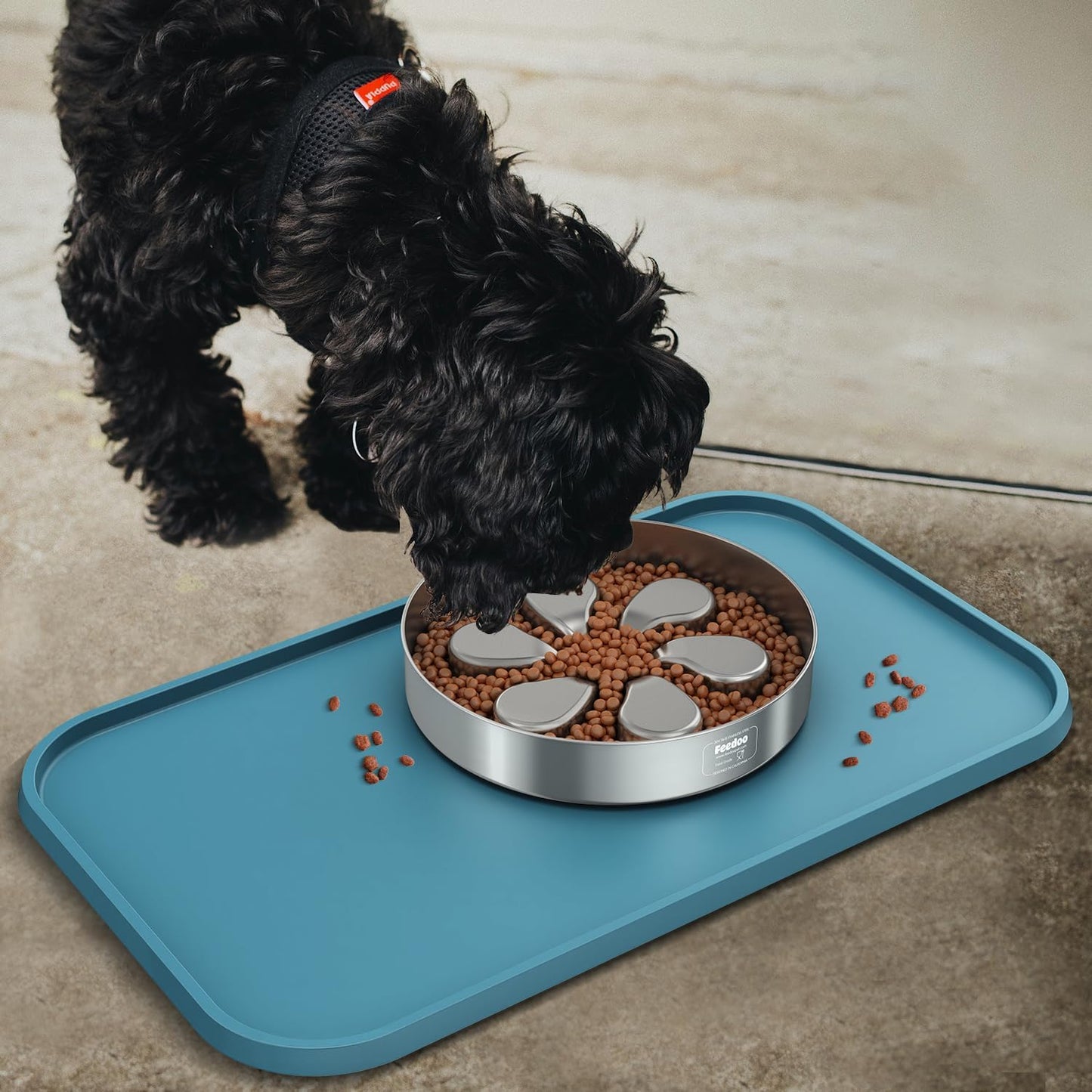 Pet Feeding Mat [Warped Resistant Raised Edge], Water-Proof Silicone Placement for Food Water Bowls, Anti-Slip Base Protect Floor, BPA-Free&Dishwasher-Safe [23.5x13.5inch Large, Blue]