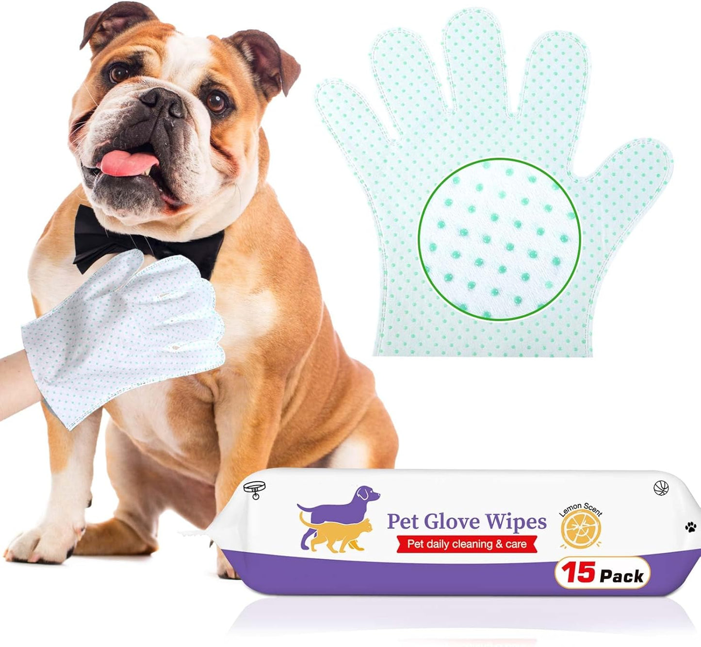 Dog Cleaning Gloves Wipes 15pcs Deodorizing Disposable Pet Grooming Bathing Gloves Extra Thick, No Rinse Shampoo Dry Cleaning Gloves for Dogs & Cats Paw Face Ear Fur and Butt