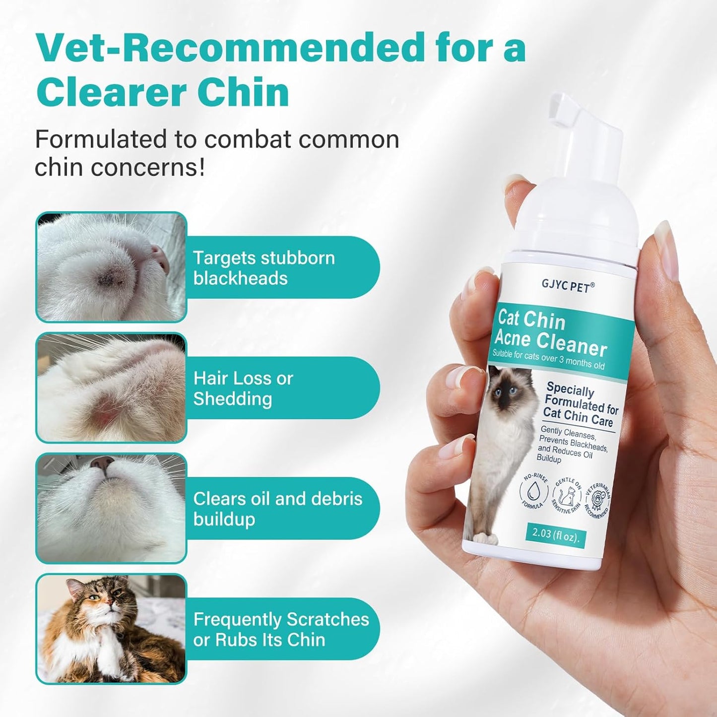 Cat Chin Acne Cleaner – No-Rinse Blackhead & Pimple Remover with Brush – Gentle Formula for Sensitive Feline Skin, Oil & Debris Control, 2.03 fl oz