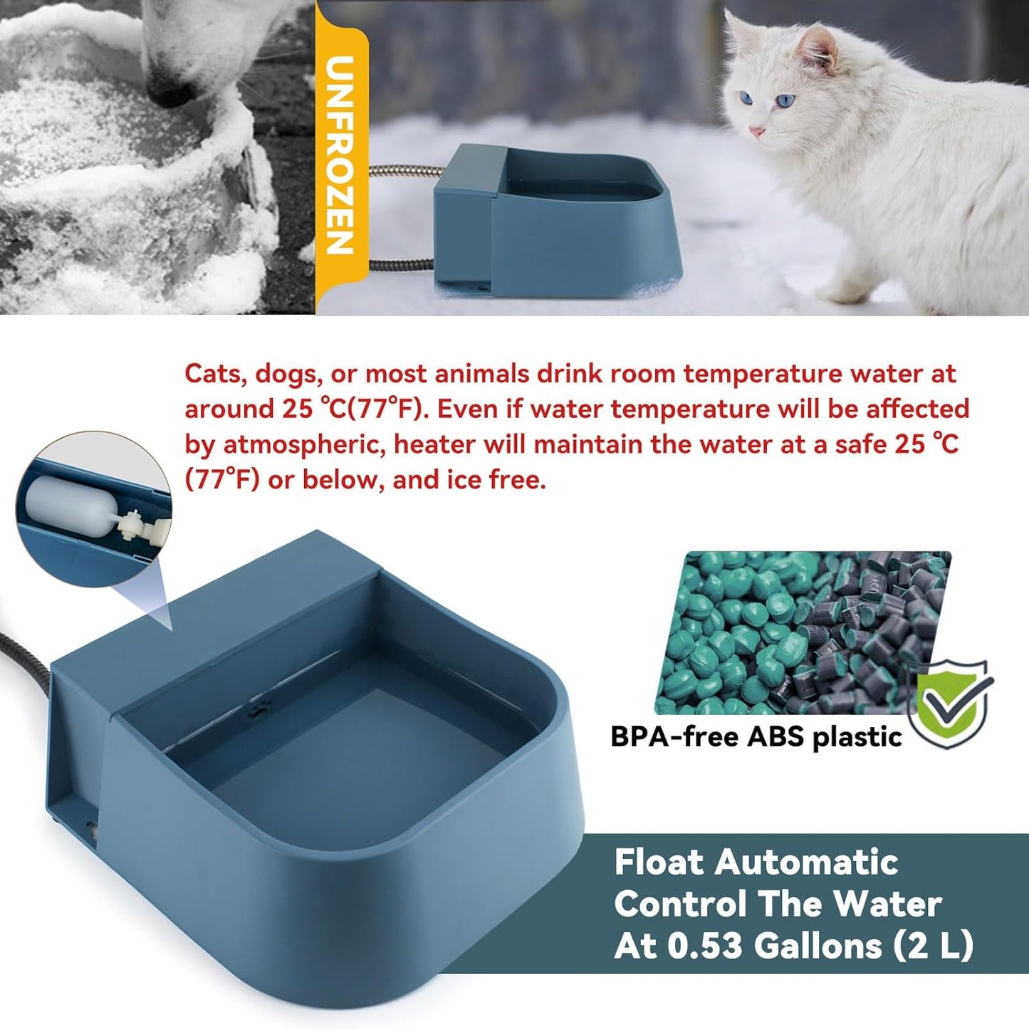 NAMSAN Automatic Water Dispenser for Dogs with Heater, Outdoor and Indoor, 2L Heated Water Bowl, Heated Watering Trough for Cats Chickens Rabbits Birds Bath Auto-Fill