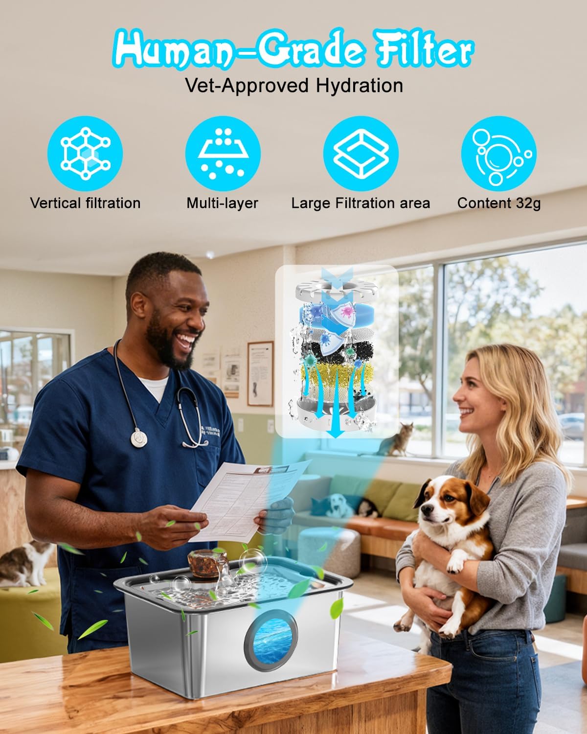 Dog Water Fountain for Large Dogs, 12L Stainless Steel 304 Pet Water Fountain, Cat Drinking Dispenser, Size:13.5 * 10.6 * 7inches, Smart Quiet Pump and Easy to Clean