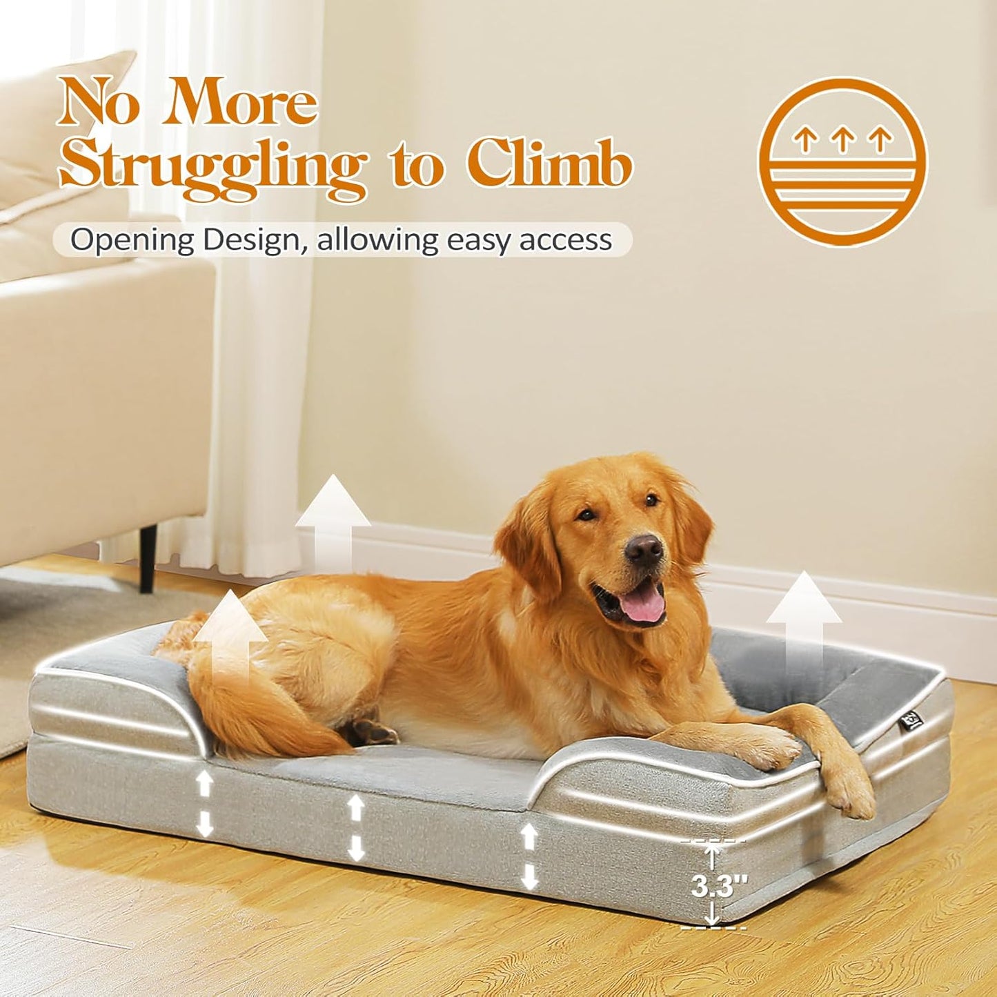 PAWZ Road Dog Bed for Large Dogs with Supportive Foam,2-Layer Waterproof Cover and Non-Slip Bottom for Small, Medium and Large Dogs-Gray,XLarge