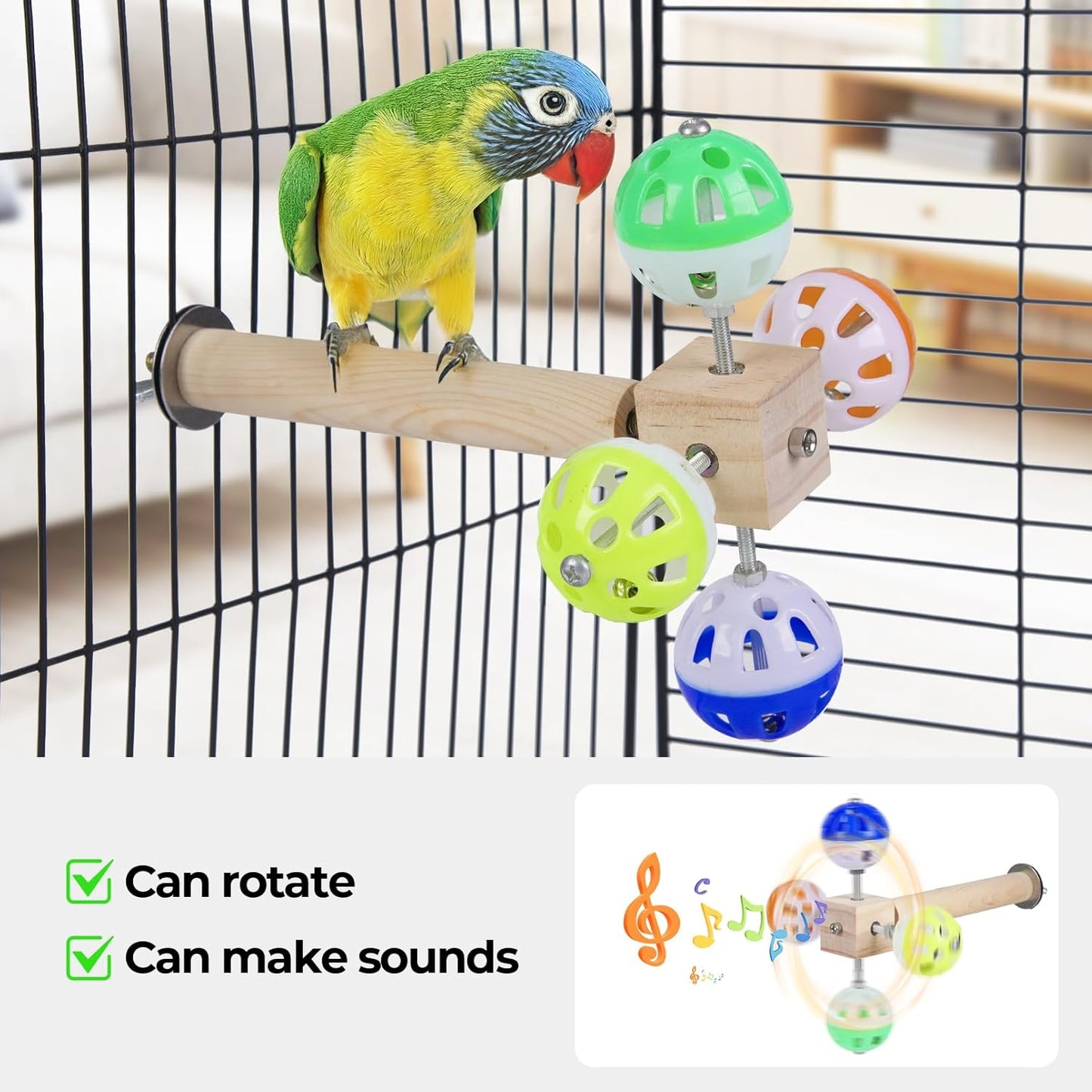 Bird Stand Perch Toy with Rotating Balls, Bird Toys for Parakeets, Ideal for Parakeets, Cockatiels & Lovebirds (NOT for Too Small BIRDCAGES - Avoid Unwanted Returns) 2PCS