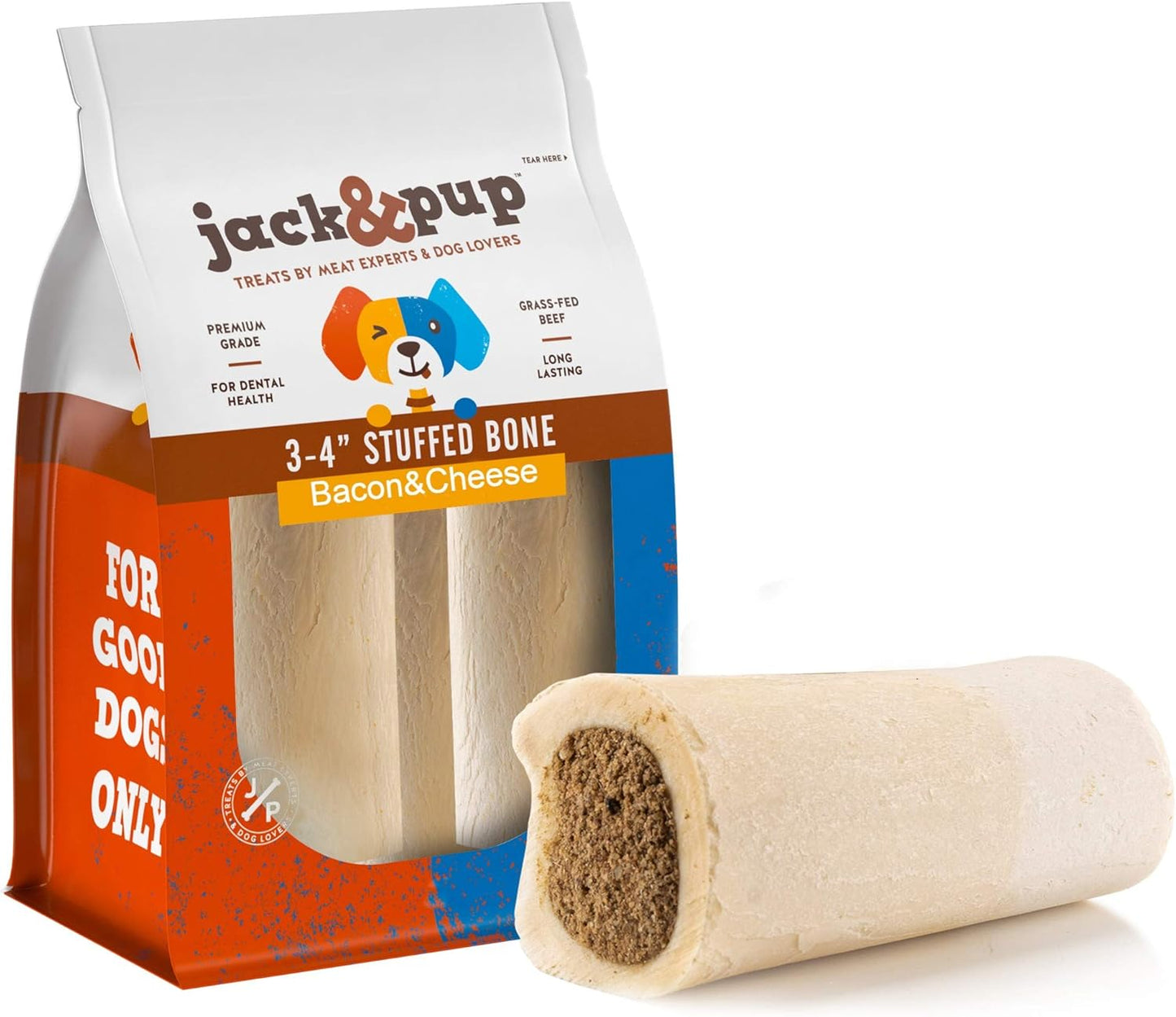 Jack&Pup 3-4" Filled Dog Bones for Small and Large Dogs, Flavored Shin Dog Bones Long Lasting, Stuffed Bone for Dogs, High Protein, Bacon and Cheese Flavor - 4 Pack