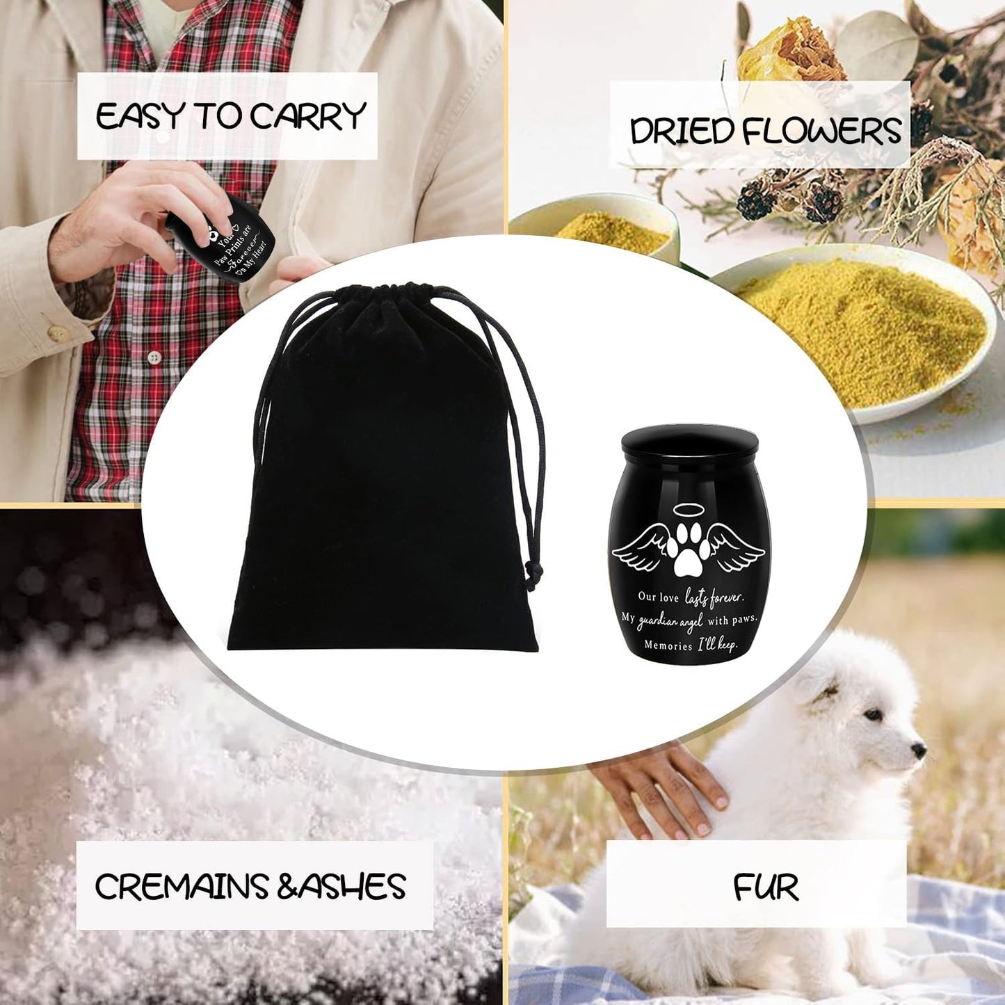 Mini Pet Cremation Urn for Small Pets – Aluminum Keepsake with Angel Wings and Paw Print – Memorial Ash Holder for Dog, Cat, Rabbit