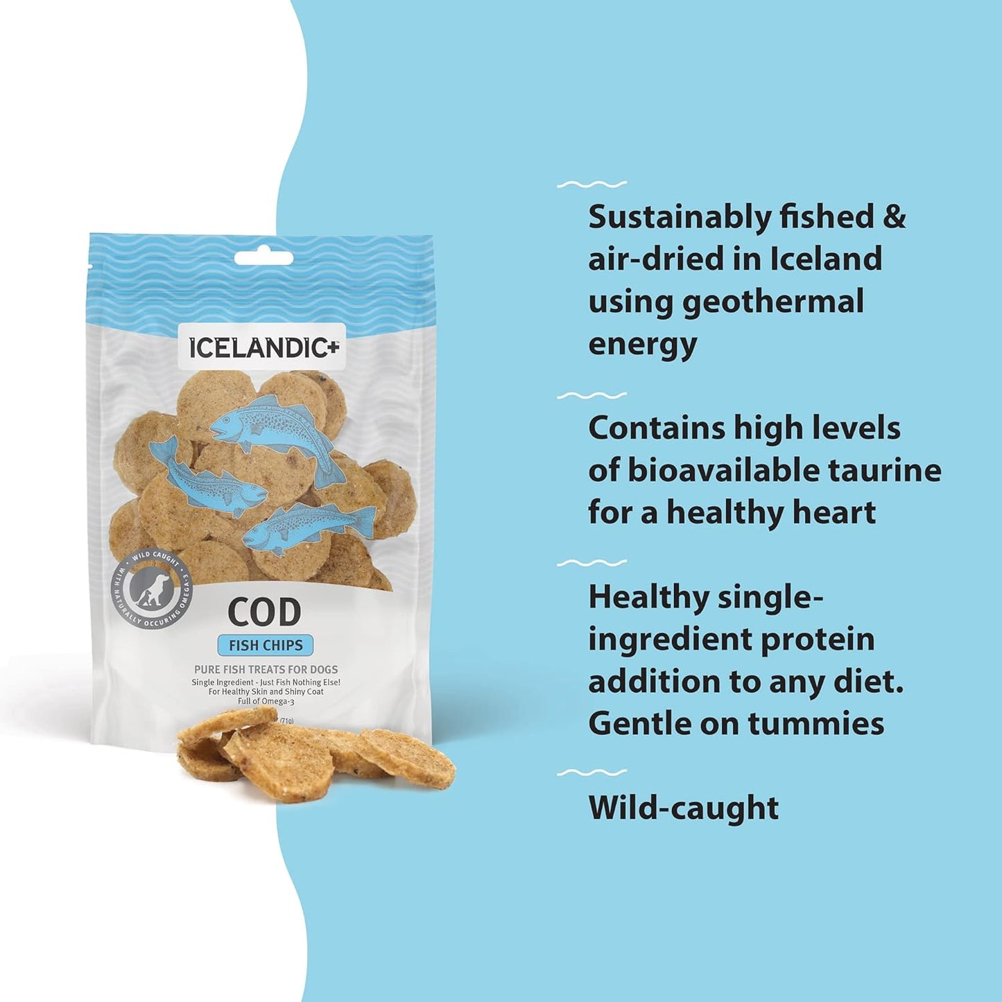 Icelandic+ Fish Chips: Cod - 2.5oz Bag, Dog Treats, Pure Wild-Caught & Air-Dried, Single Ingredient Crunchy Pet Snacks, Just The Fish Nothing Else (Pack of 2)