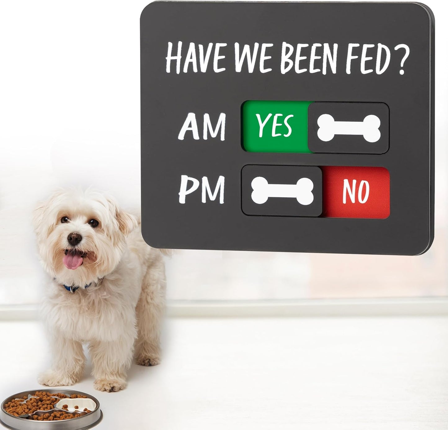 Dog Feeding Reminder Sign with Magnet, Pet Feeding Tracker with Have We Been Fed, Acrylic Slider Sign for Fridge, AM PM Feed Chart Sign with Yes No Option, Black with 2 Stickers, 4.7" x 3.9"